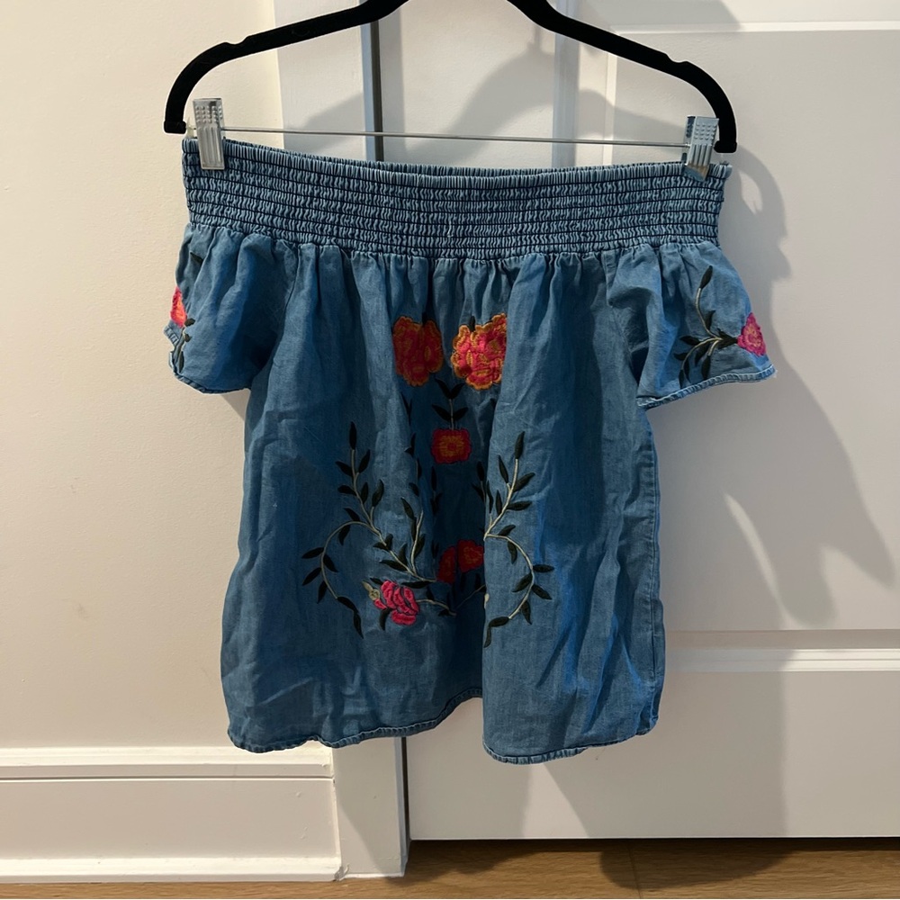 Embroidered Off the Shoulder Chambray Top
